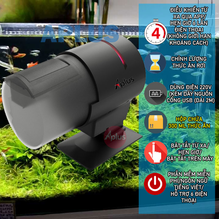 Máy cho cá ăn mini điều khiển từ xa qua app wifi điện thoại APLUS CA-01WIFI